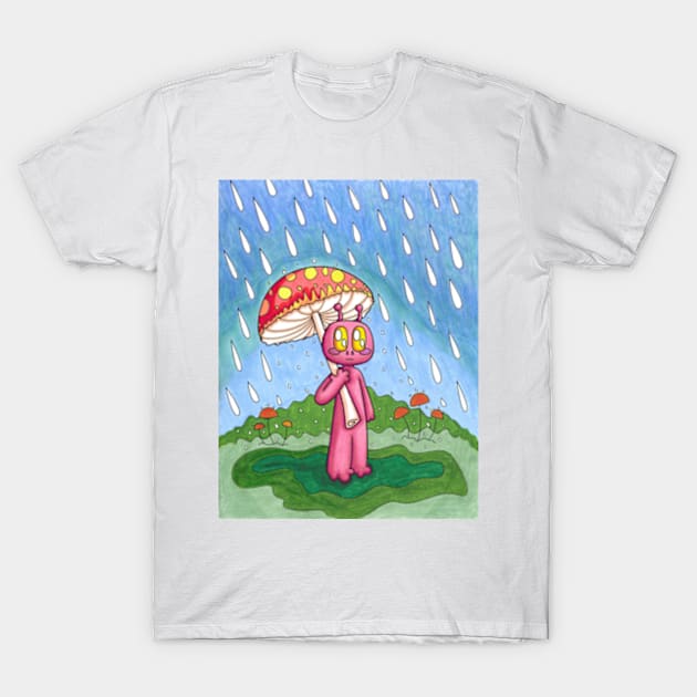 Alien Holding Mushroom Umbrella In The Rain 1 T-Shirt by JadedOddity